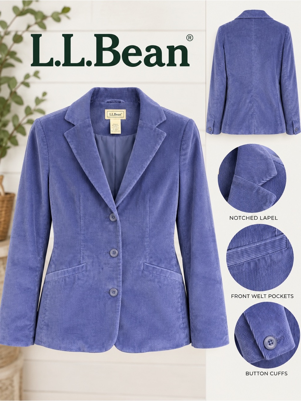 L.L.Bean Women’s Corduroy Blazer Size 4 Blue Purple Cotton Stretch Jacket